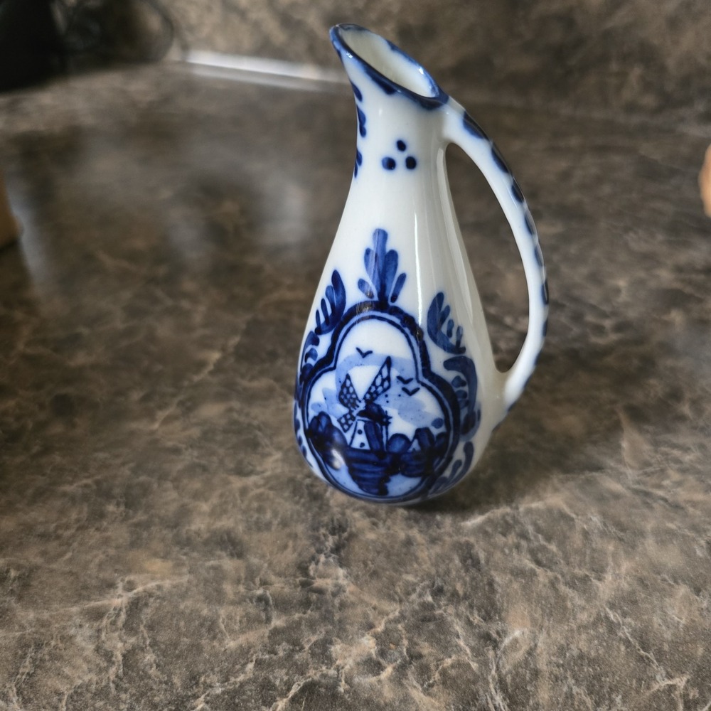 Vintage Delft Blue Holland Hand Painted Windmill Mini Pitcher Jug 5" Dutch